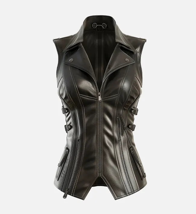 Women’s Black Sheepskin Leather Vest with Zipper & Adjustable Buckles