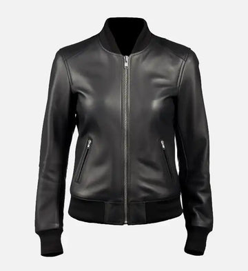 Women’s Black Sheepskin Leather Bomber Jacket – Ribbed Stand Collar