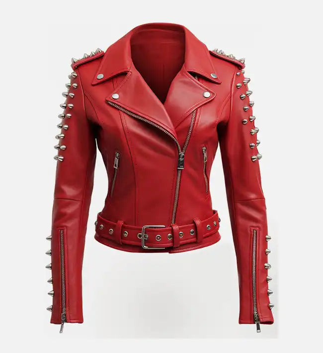 Women’s Red Sheepskin Asymmetrical Biker Leather Jacket with Stud Details