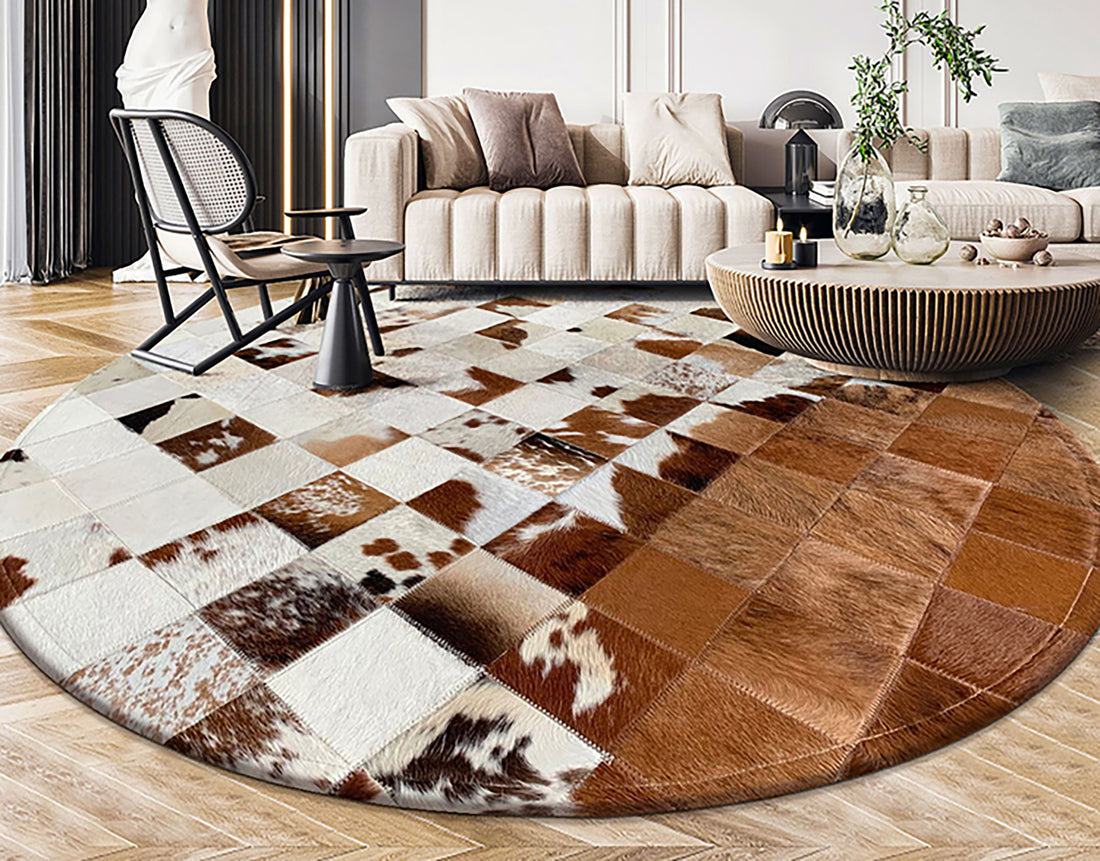 Genuine Hair-On Cowhide Patchwork Round Rug – Handmade Artistry