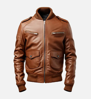 Iconic Sheepskin Strap Pocket Style Leather Bomber Jacket – Brown with Ribbed Collar & Epaulettes