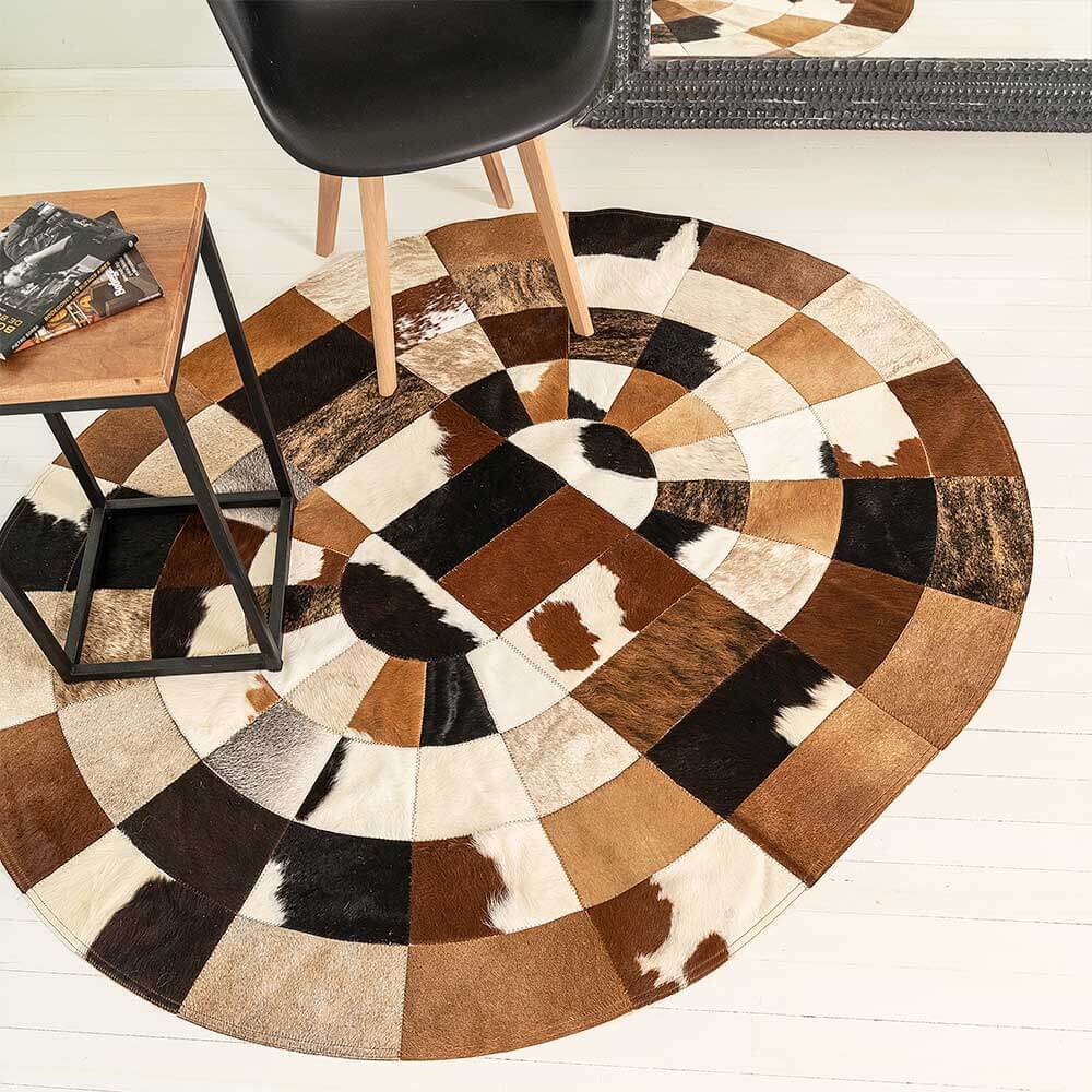 Artisan Hair-On Cowhide Patchwork Leather Rug – Oval Shape Carpet Style