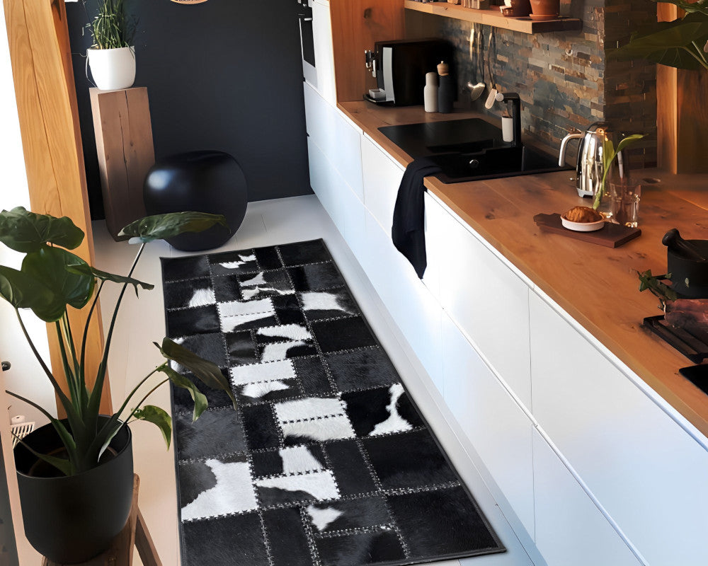 Noir & Ivory Cowhide Runner – Hand-Laced Mosaic Patchwork Hallway Rug