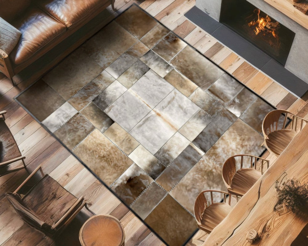 Champagne Beige Cowhide Rug – Hand-Laced Framed Patchwork Area Rug