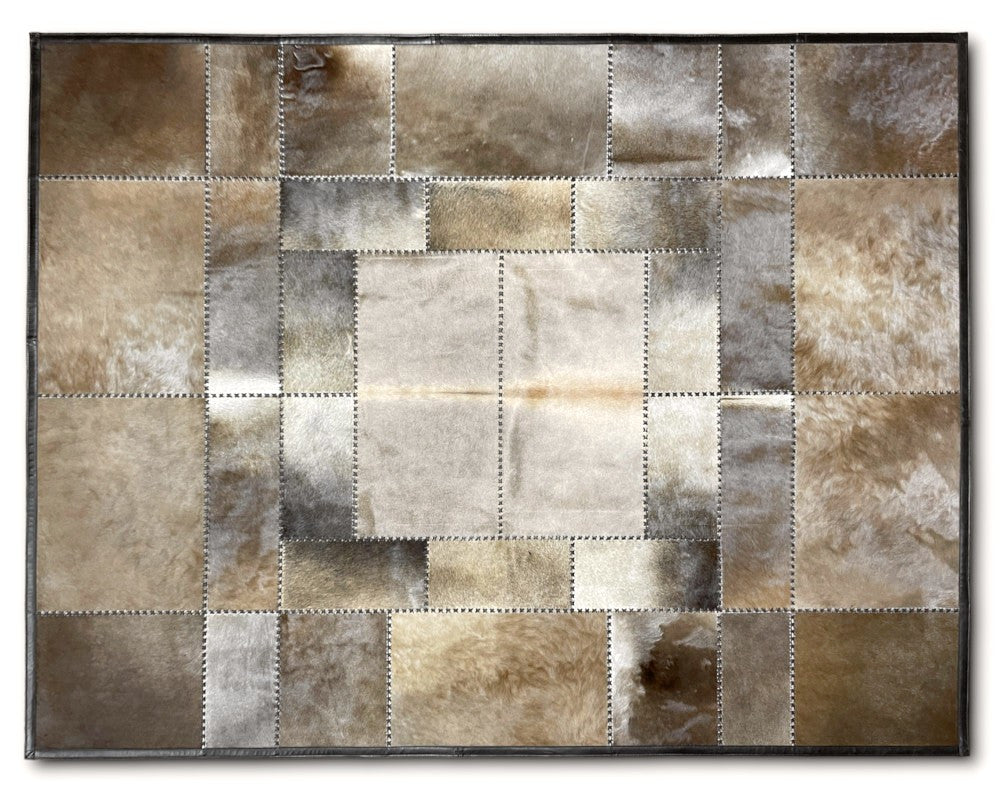 Champagne Beige Cowhide Rug – Hand-Laced Framed Patchwork Area Rug