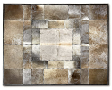 Champagne Beige Cowhide Rug – Hand-Laced Framed Patchwork Area Rug