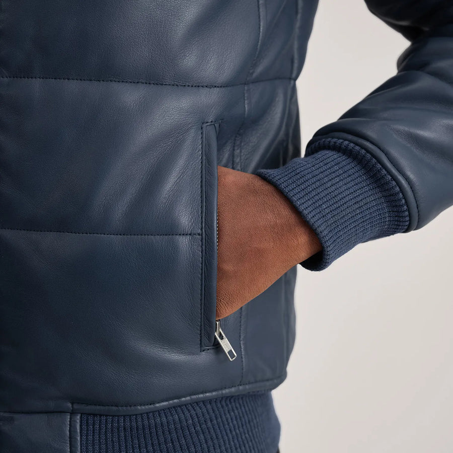 Men’s High-Neck Sheepskin Puffer Leather Jacket – Semi-Aniline Finish