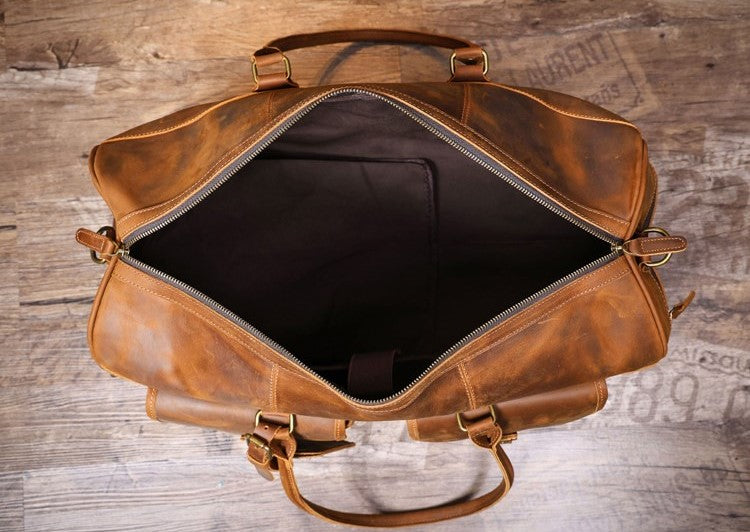 Genuine Crazy Horse Leather Duffle Bag with Shoe Compartment | Vintage Weekender Travel Bag