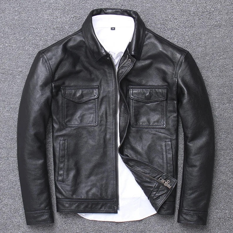 Men's Luxury Leather Jacket - Genuine Full Grain Cowhide, Biker Style, Soft and Rugged, Zip Closure