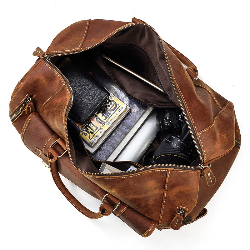 Genuine Crazy Horse Leather Duffle Bag with Shoe Compartment | Weekender Travel Bag