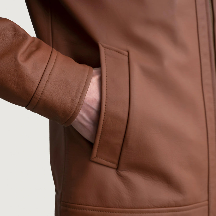 Men’s Sheepskin Leather Biker Jacket with Shirt Collar – Semi-Aniline Finish
