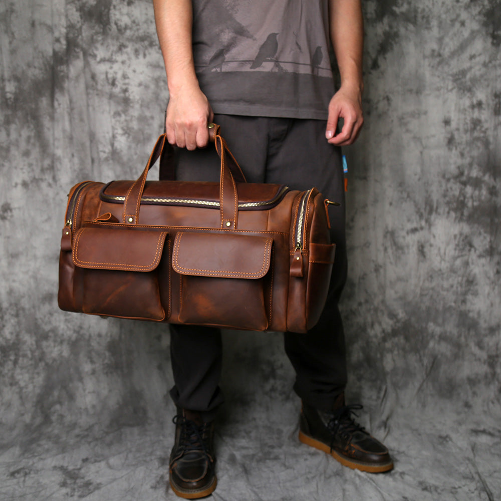 Crazy Horse Leather Duffle Bag – Genuine Leather Travel Weekender Bag for Men & Women