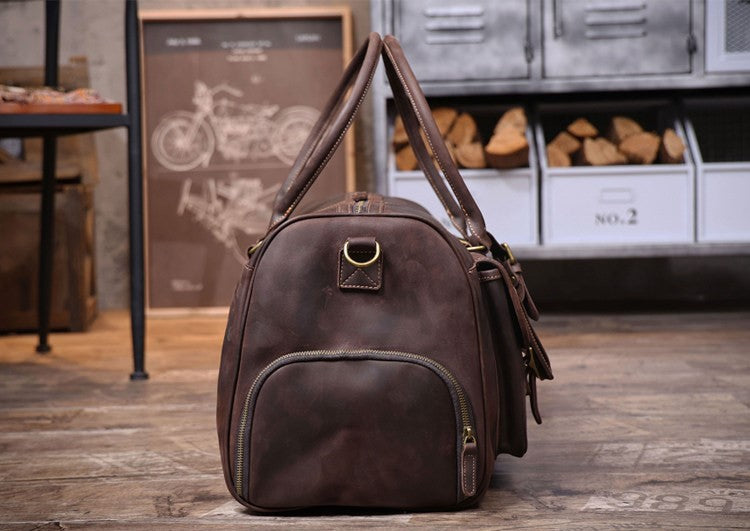 Genuine Crazy Horse Leather Duffle Bag with Shoe Compartment | Vintage Weekender Travel Bag