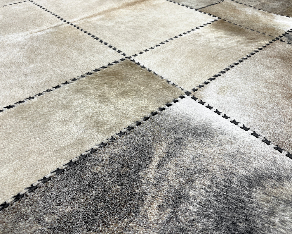 Frosted Beige Cowhide Rug – Hand-Laced Neutral Patchwork Area Rug