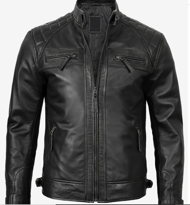 Men's Cafe Racer Leather Jacket - Retro Style Asymmetrical Moto Quilted Shoulder Leather Jacket