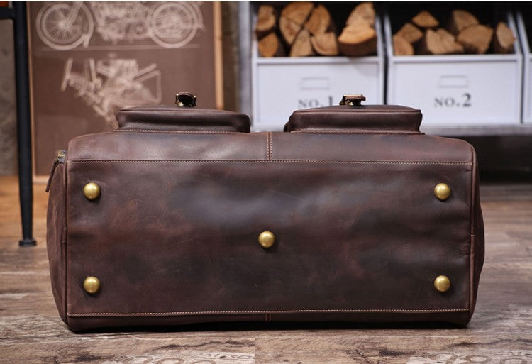 Genuine Crazy Horse Leather Duffle Bag with Shoe Compartment | Vintage Weekender Travel Bag
