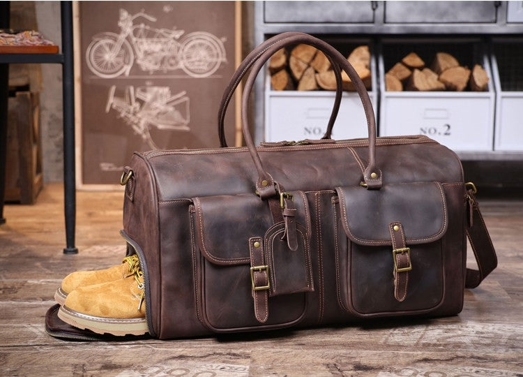 Genuine Crazy Horse Leather Duffle Bag with Shoe Compartment | Vintage Weekender Travel Bag