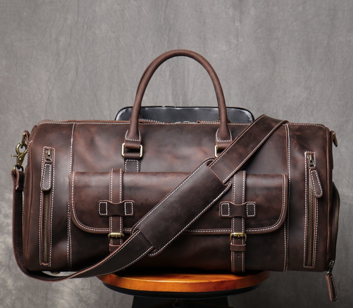 Genuine Crazy Horse Leather Duffle Bag with Shoe Compartment | Weekender Travel Bag