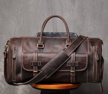 Genuine Crazy Horse Leather Duffle Bag with Shoe Compartment | Weekender Travel Bag