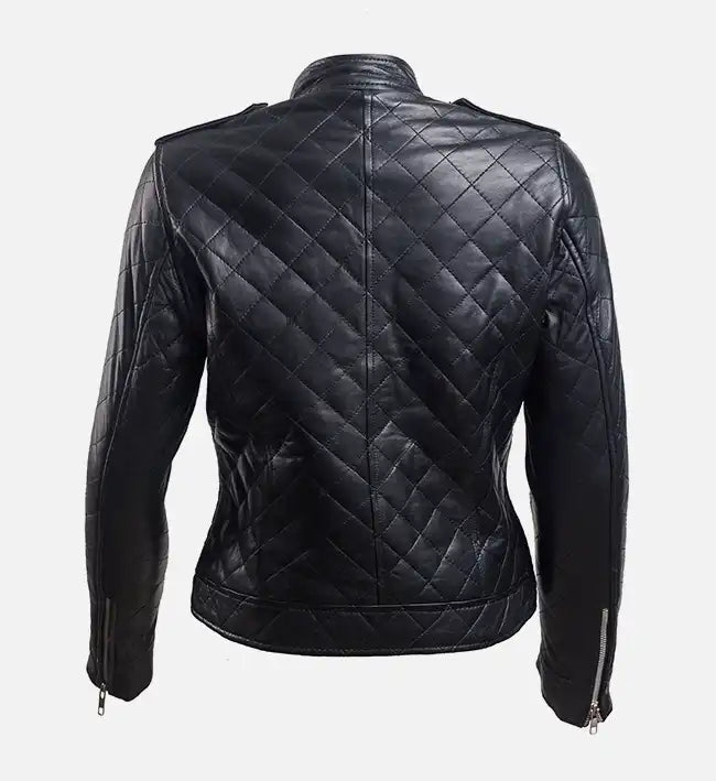 Women’s Sheepskin Leather Puffer Jacket – Black & White Quilted Design