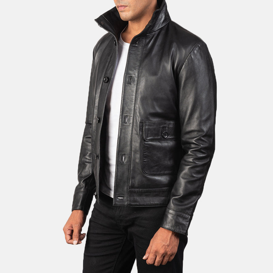 Men’s Sheepskin Leather Jacket with High-Neck Buttoned Collar