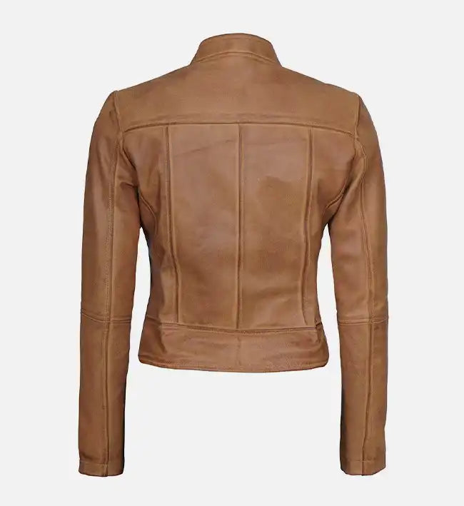 Women’s Sheepskin Leather Jacket – Brown with High Mandarin Collar