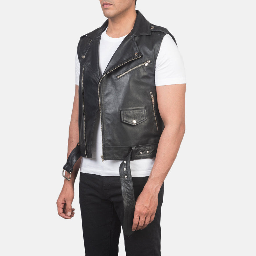 Men’s Black Cowhide Leather Vest with Waist Belt – Semi-Aniline Finish