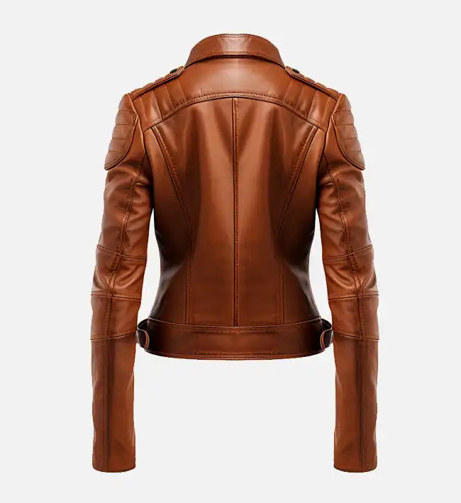 Women’s Sheepskin Leather Bomber Jacket – Brown with Quilted Shoulders and Belted Waist