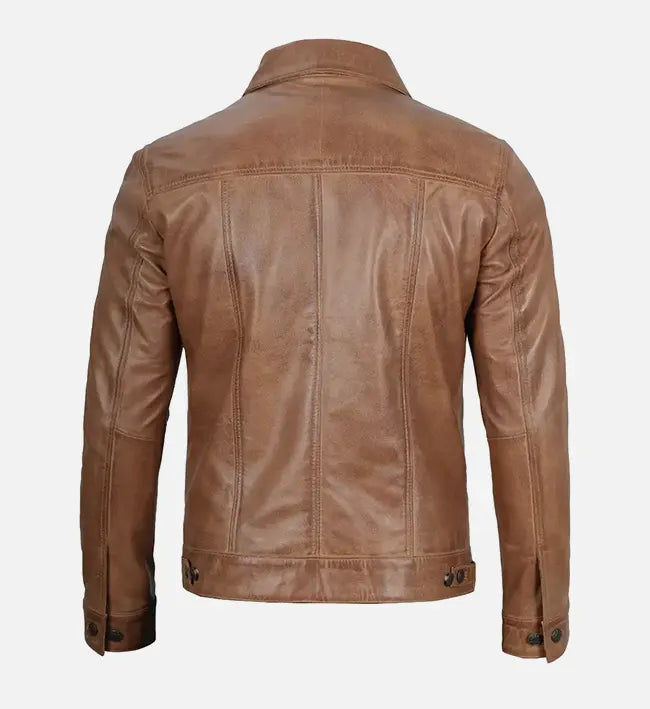 Men’s Sheepskin Trucker Leather Jacket – Camel Brown, Maroon & Blue with Shirt-Style Collar