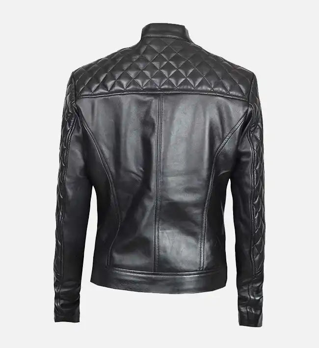 Women’s Black Sheepskin Café Racer Leather Jacket – Slim Fit Quilted Design