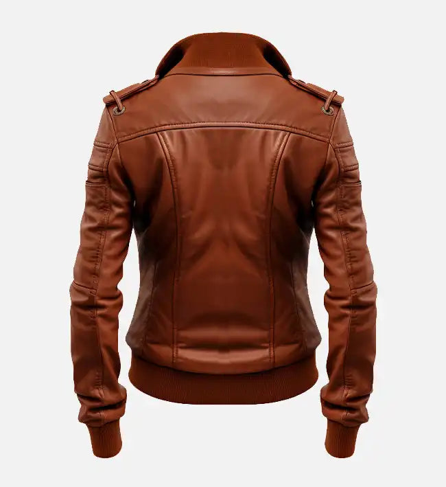 Women’s Brown Sheepskin Leather Bomber Jacket with Quilted Sleeves