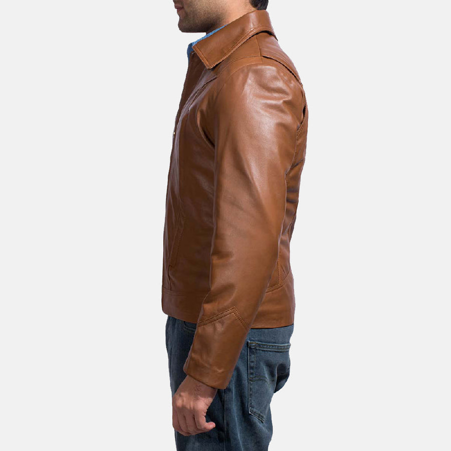 Men’s Brown Sheepskin Leather Jacket with Shirt Collar