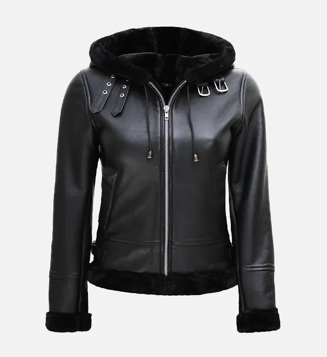 Women’s Sheepskin Leather Aviator Jacket – Black with Fur-Lined Hood