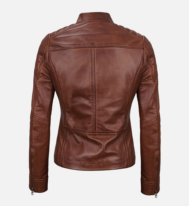 Women’s Sheepskin Café Racer Brown Padded Leather Jacket