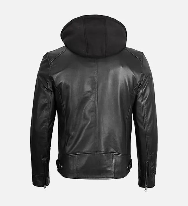 Men’s Sheepskin Leather Bomber Jacket – Black with Detachable Hood