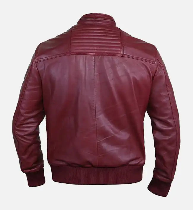 Men’s Sheepskin Leather Bomber Jacket – Red with Quilted Shoulders