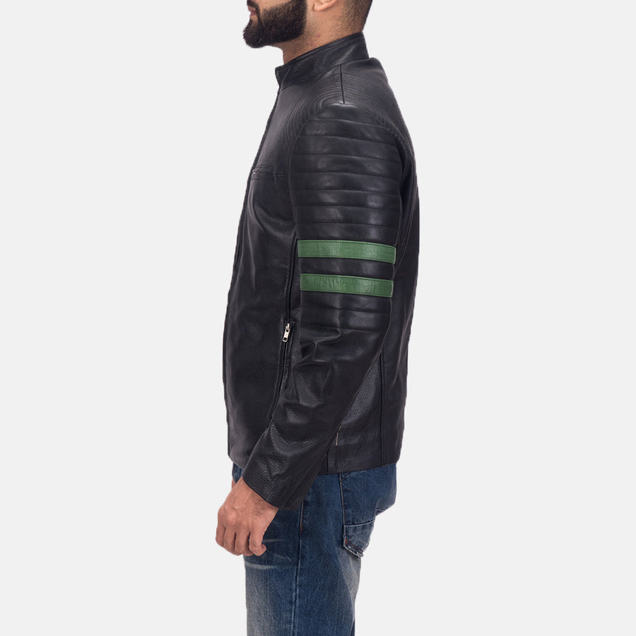 Men’s Black Genuine Cowhide Leather Jacket with Green Sleeve Stripes