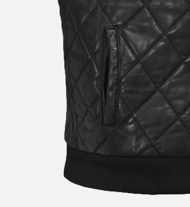 Men’s Black Sheepskin Quilted Leather Vest with Hood