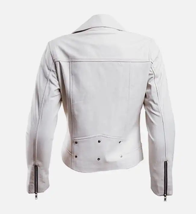 Women’s White Sheepskin Leather Biker Jacket with Asymmetrical Zipper