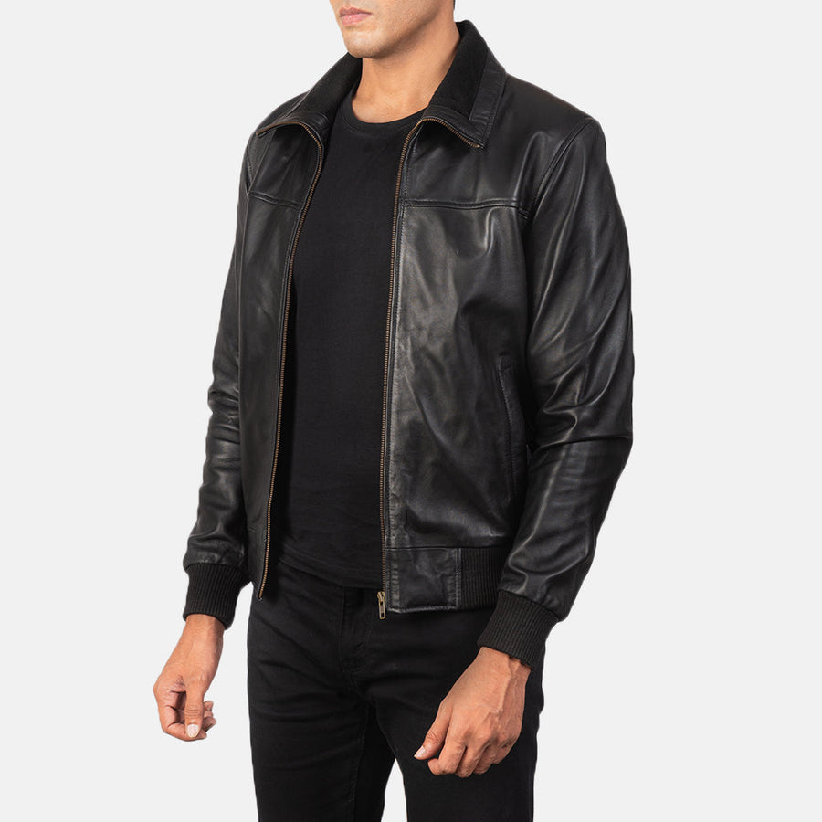 Men’s Sheepskin Leather Jacket with Rib Knit Collar – Semi-Aniline Finish