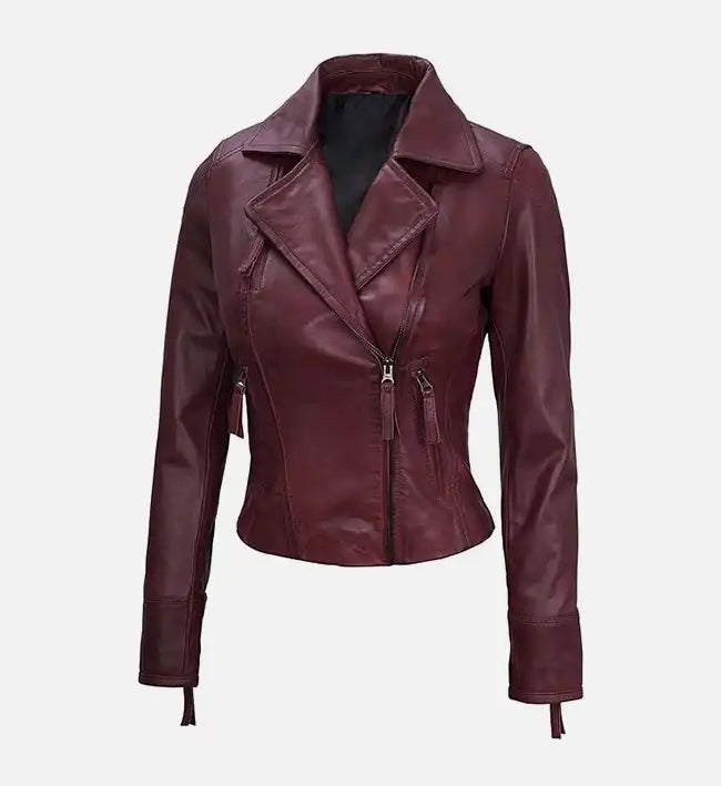 Women’s Sheepskin Maroon Asymmetrical Biker Leather Jacket
