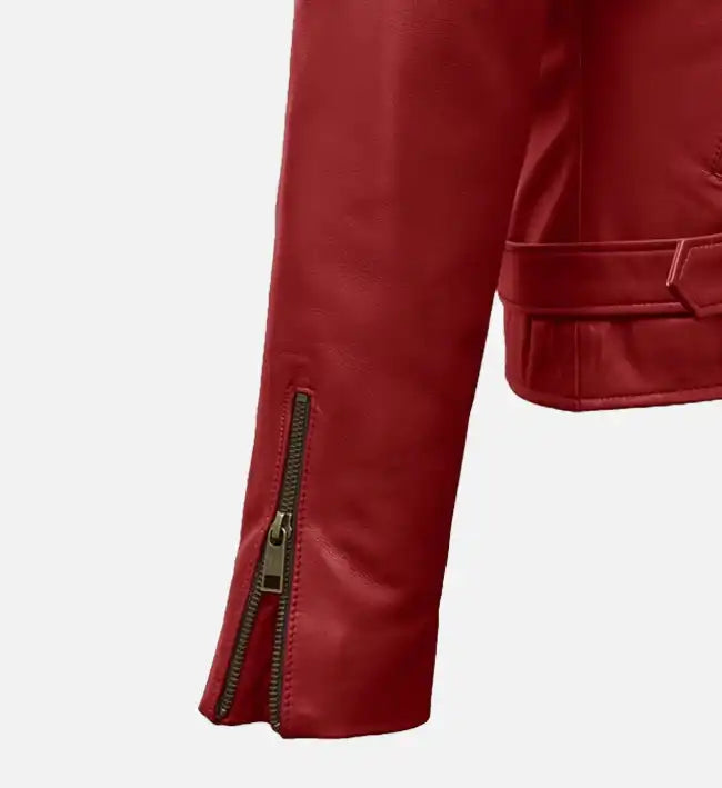 Women’s Red Sheepskin Leather Biker Jacket – Asymmetrical Zipper Style