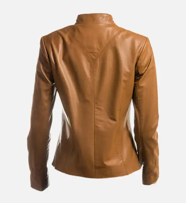 Women’s Sheepskin Tan Brown Plain Short Zipped Leather Jacket