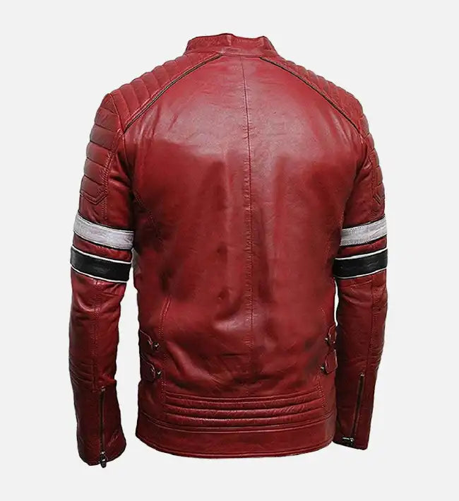 Men’s Sheepskin Leather Jacket – Red with Quilted Shoulders & Striped Sleeves