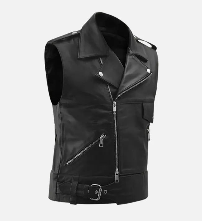 Men’s Black Sheepskin Leather Vest with Asymmetrical Zipper & Silver Hardware