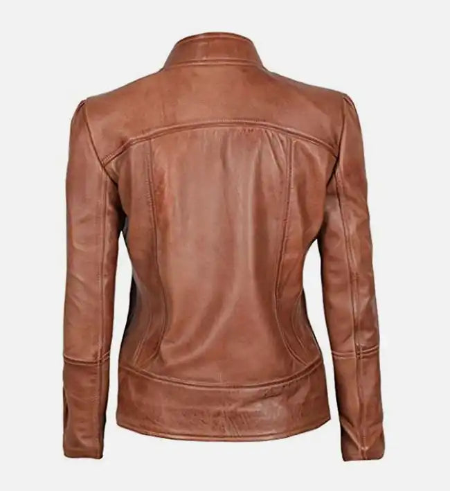 Women’s Sheepskin Leather Bomber Jacket – Vintage Brown with Streamlined Design