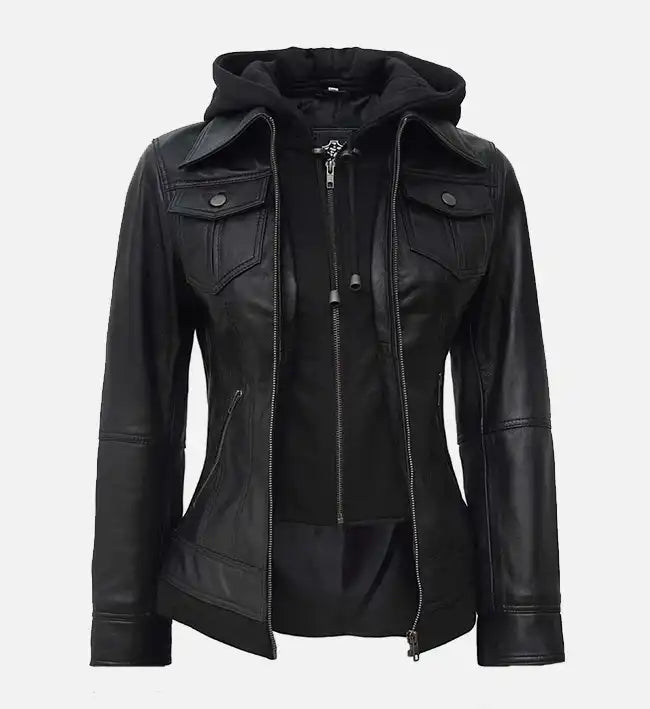 Women’s Sheepskin Leather Jacket – Black with Removable Hood