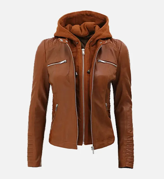 Women’s Sheepskin Leather Jacket – Brown with Quilted Details & Detachable Hood