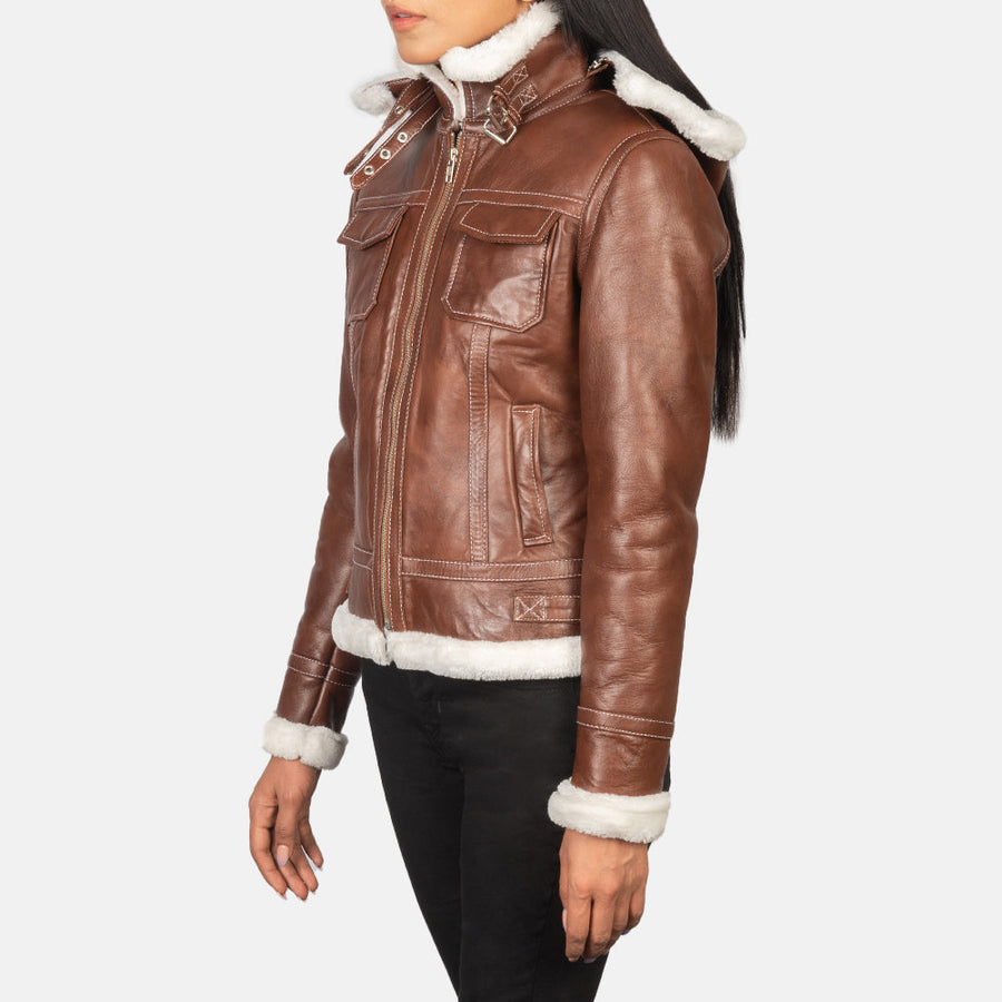 Women’s Sheepskin Leather Jacket with Faux Fur Lining & Removable Hood