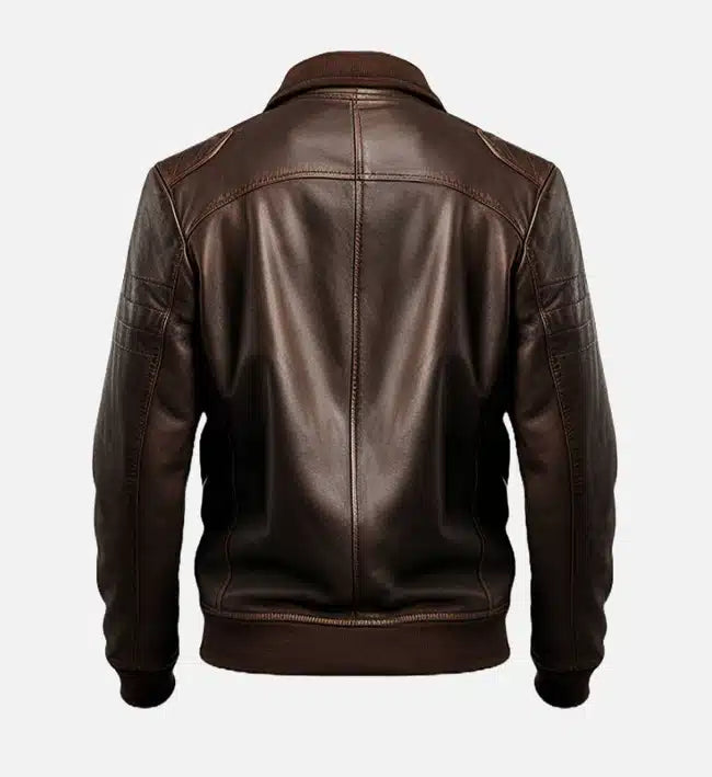 Genuine Sheepskin Leather Café Racer Jacket – Dark Brown with Rib-Knitted Collar